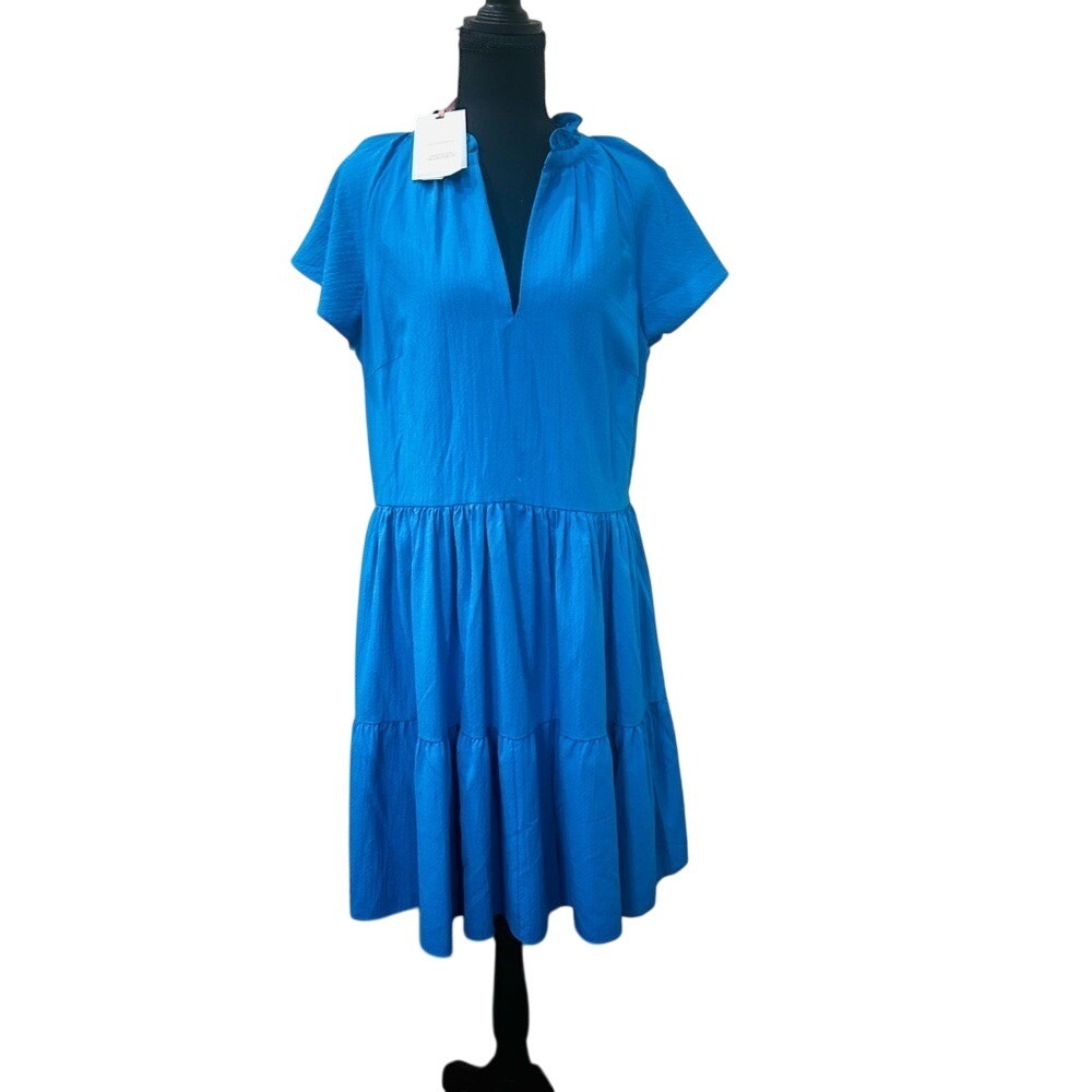 Alex Marie Tiered Mini Dress Blue Short Sleeve Ruffle Neck Split V-Neck NWT 12